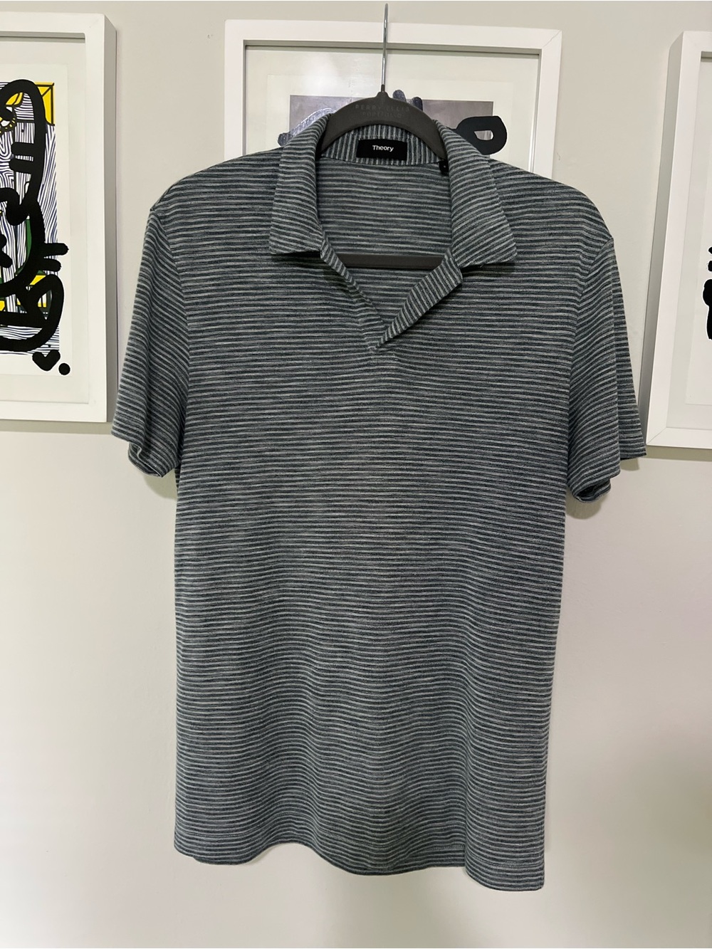 Theory Men’s Gray and White Striped Polo (Very Soft)